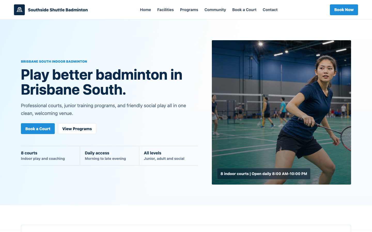 Badminton court booking demo website homepage preview