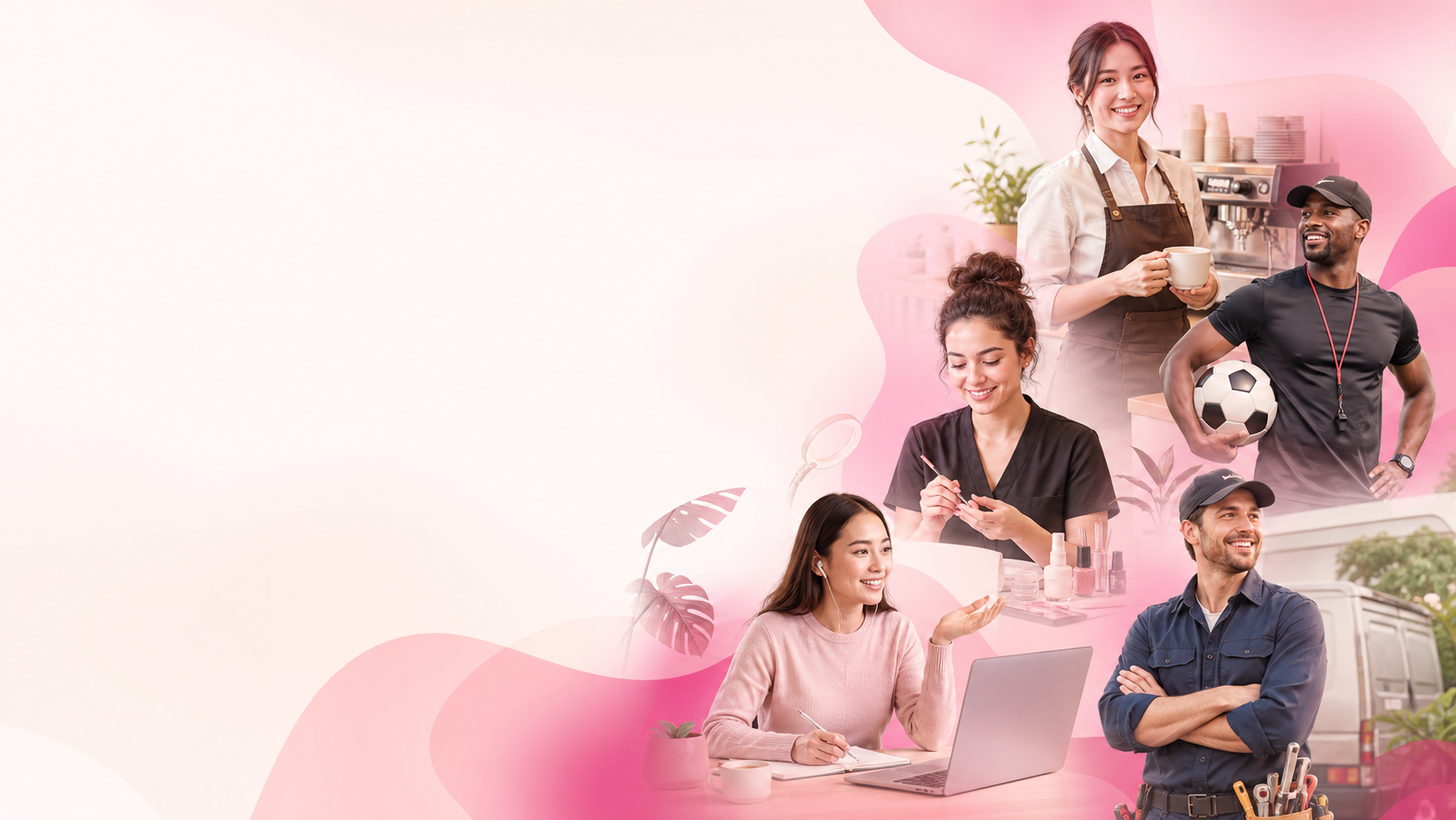 Small business owners including a cafe owner, tutor, sports coach, salon provider, and local service owner
